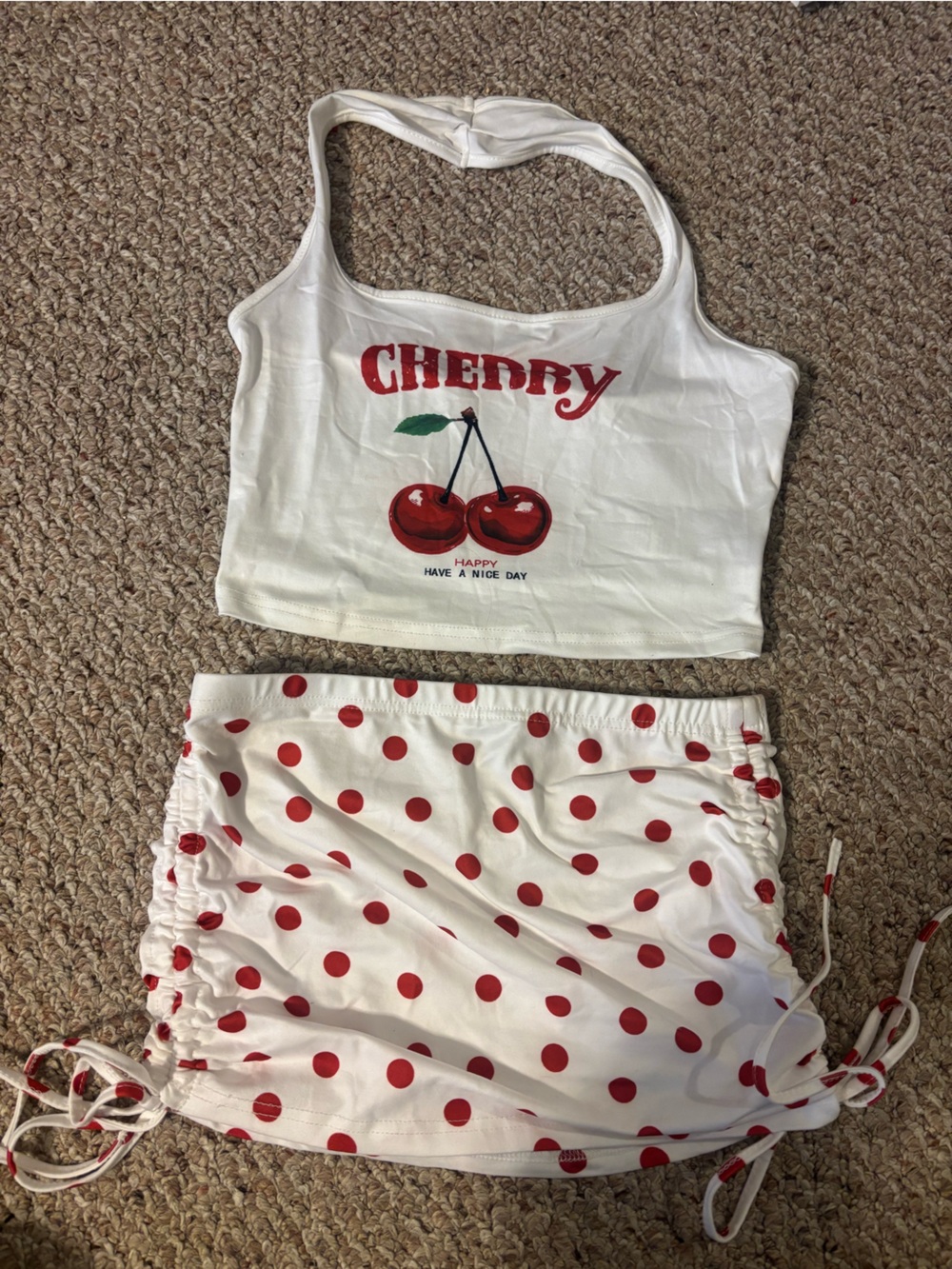 White & Red Polka Dot Cherry Tank Set